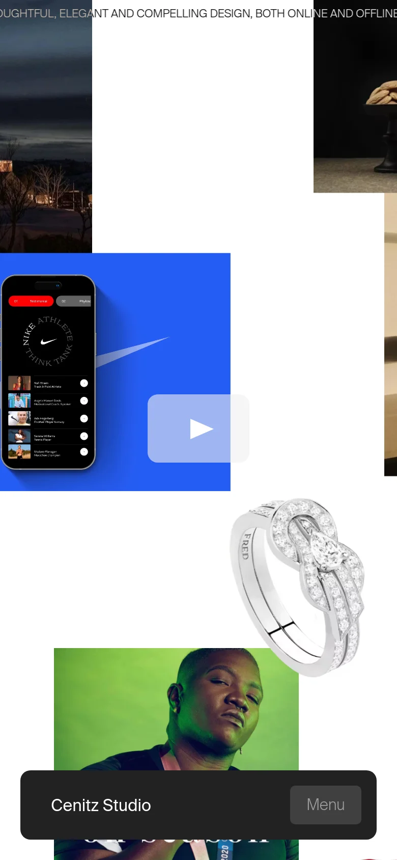 The mobile version presents a vertically stacked layout of the same high-quality project images seen on desktop. The navigation bar is anchored to the bottom of the screen, featuring the 'Cenitz Studio' text and a prominent 'Menu' button for easy thumb access. The overall aesthetic remains clean and minimalist with a focus on large-scale visual content.