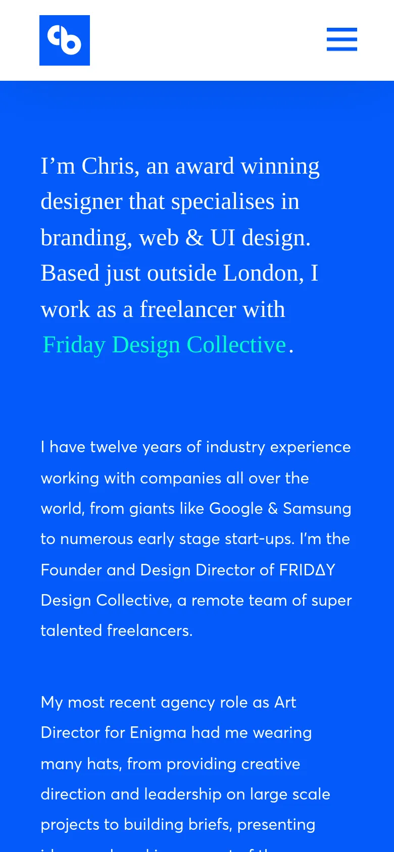 The mobile version maintains the bright blue background and white text but transitions to a single-column vertical layout. The text is scaled for readability on a smaller screen, and the client logo grid is stacked to fit the narrow viewport.