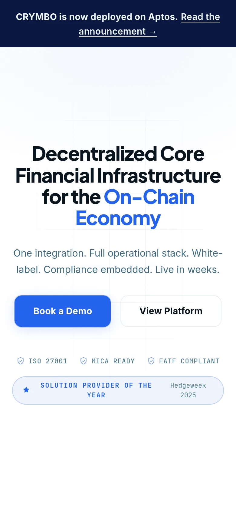 The mobile version presents a vertically stacked layout optimized for smaller screens. The hero text is centered and scaled down, with the 'Book a Demo' and 'View Platform' buttons appearing as large, full-width touch targets. The compliance badges and award banner are also centered and stacked to maintain readability on a narrow viewport.