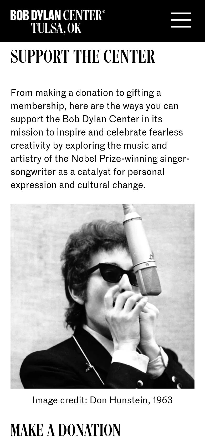 The mobile version simplifies the layout into a single vertical column on a white background. The navigation is condensed into a hamburger menu icon at the top right, and the content flows vertically from the 'SUPPORT THE CENTER' headline to the large black and white hero image and donation section.