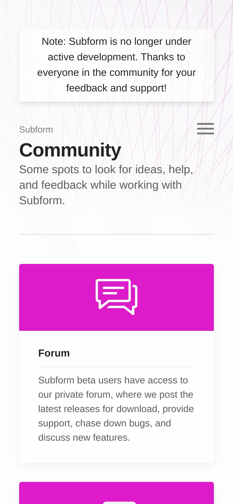 The mobile version presents a single-column layout optimized for vertical scrolling. The header includes a hamburger menu icon, and the large magenta cards for 'Forum' and 'Articles' are stacked vertically. The geometric background and the development status notice remain consistent with the desktop view.