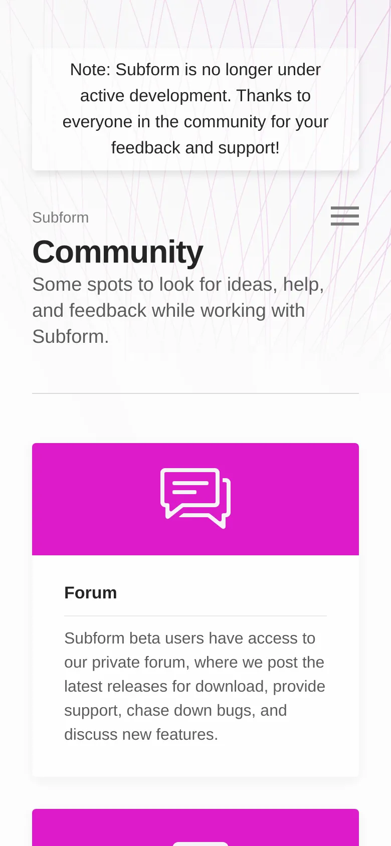 The mobile version presents a single-column layout optimized for vertical scrolling. The header includes a hamburger menu icon, and the large magenta cards for 'Forum' and 'Articles' are stacked vertically. The geometric background and the development status notice remain consistent with the desktop view.