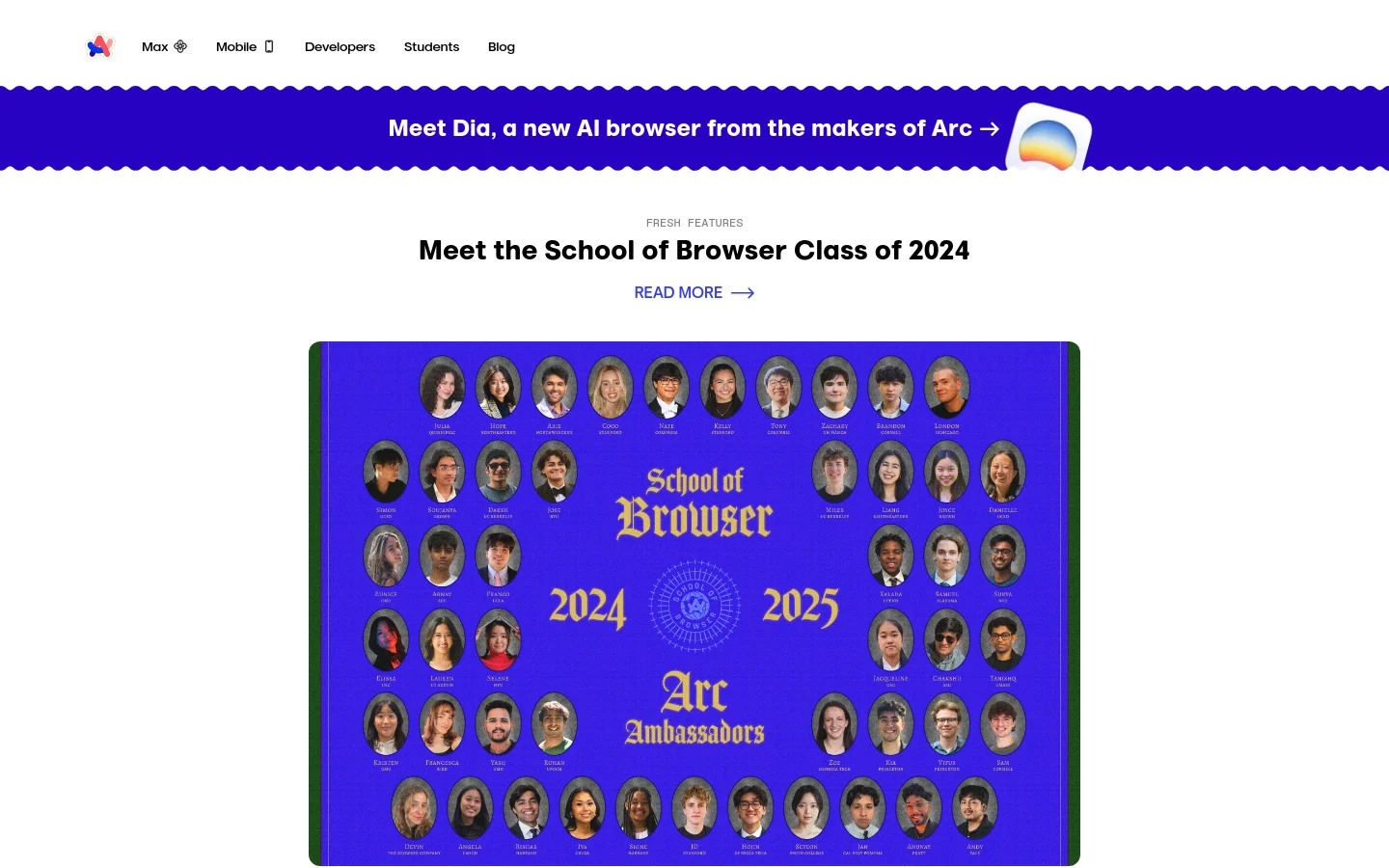 The Arc blog page features a clean, white background with a dark blue promotional banner at the top advertising 'Dia, a new AI browser'. Below the banner, a large featured article titled 'Meet the School of Browser Class of 2024' is displayed with a 'READ MORE' call to action and a colorful grid of student portraits. A navigation menu at the top includes links for Max, Mobile, Developers, Students, and Blog.