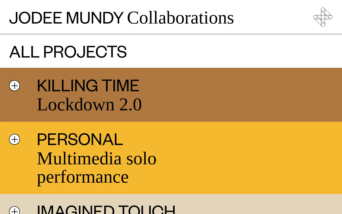 The desktop view shows a clean, minimalist website header with the title 'JODEE MUNDY Collaborations' and a geometric icon. Below the 'ALL PROJECTS' heading, a vertical list of projects is displayed in large, bold text, with each project contained in a wide, color-blocked horizontal bar such as brown, yellow, or blue. Each bar includes a project title, a brief description, and a plus icon on the left.