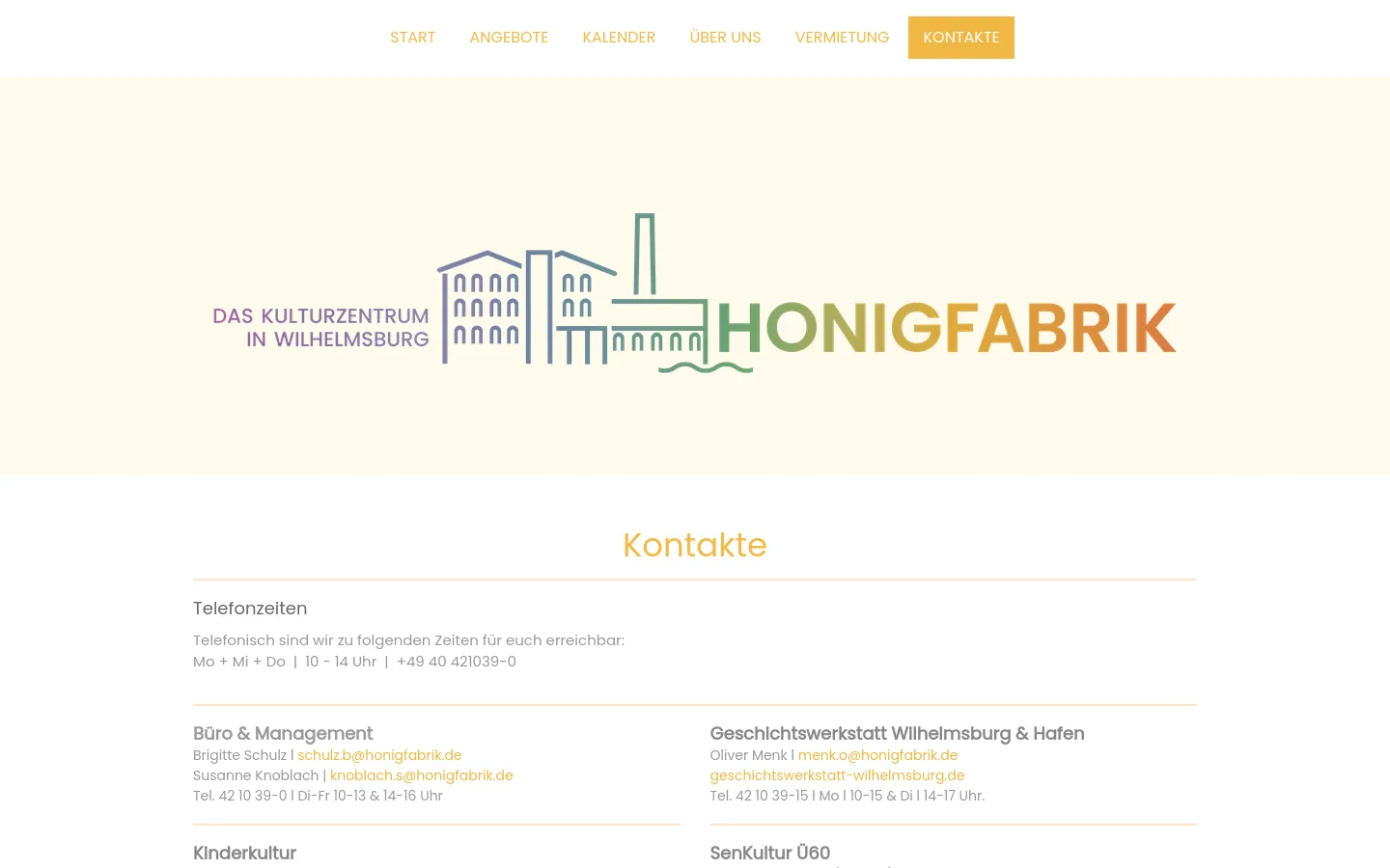 The desktop page features a large logo for 'Honigfabrik' in green and orange against a cream background. Below the header, the 'Kontakte' page displays contact information organized into sections like 'Telefonzeiten', 'Büro & Management', and 'Geschichtswerkstatt' using clean, sans-serif typography on a white background.