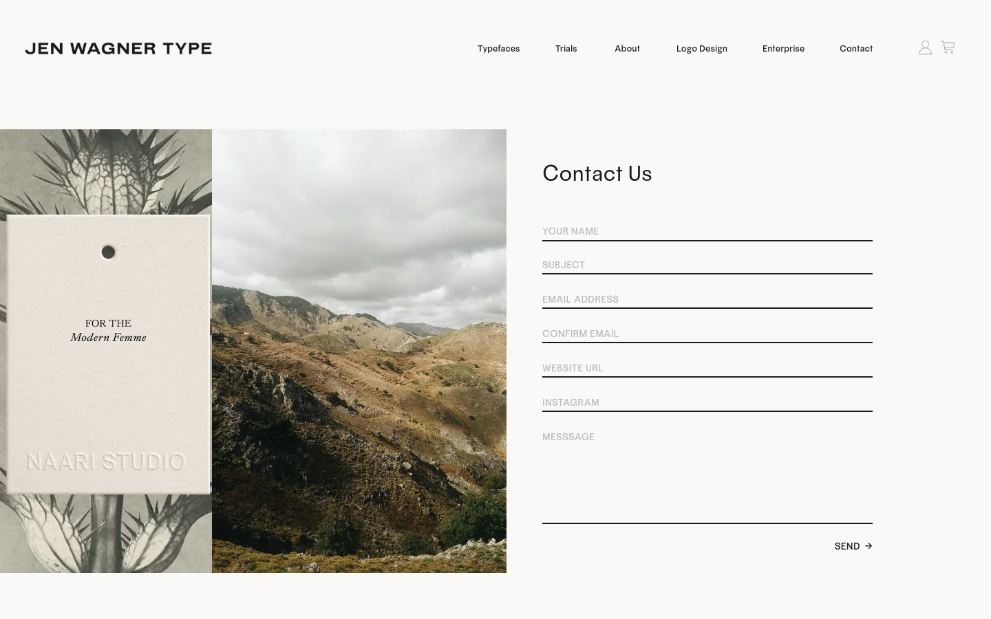 The desktop contact page features a split-screen layout with a large landscape photograph of mountains and a botanical card on the left. On the right, a clean contact form includes fields for name, subject, email, website, Instagram, and message against a white background. The navigation menu is at the top with links for Typefaces, Trials, About, Logo Design, Enterprise, and Contact.