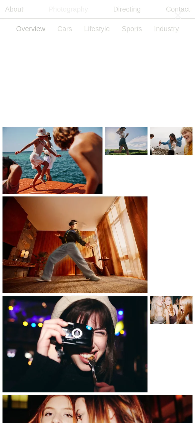 The mobile version displays a simplified white header with a large close icon for the navigation menu. The sub-navigation links for photography categories are arranged in a single horizontal row. The photography grid remains the central focus, with images stacked vertically to fit the narrower screen width.