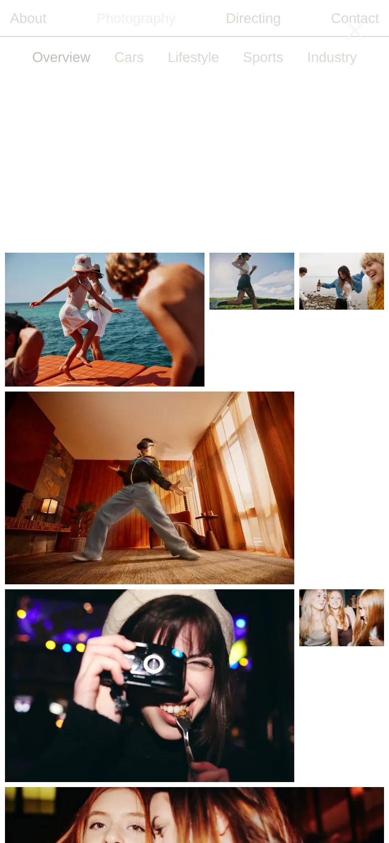 The mobile version displays a simplified white header with a large close icon for the navigation menu. The sub-navigation links for photography categories are arranged in a single horizontal row. The photography grid remains the central focus, with images stacked vertically to fit the narrower screen width.