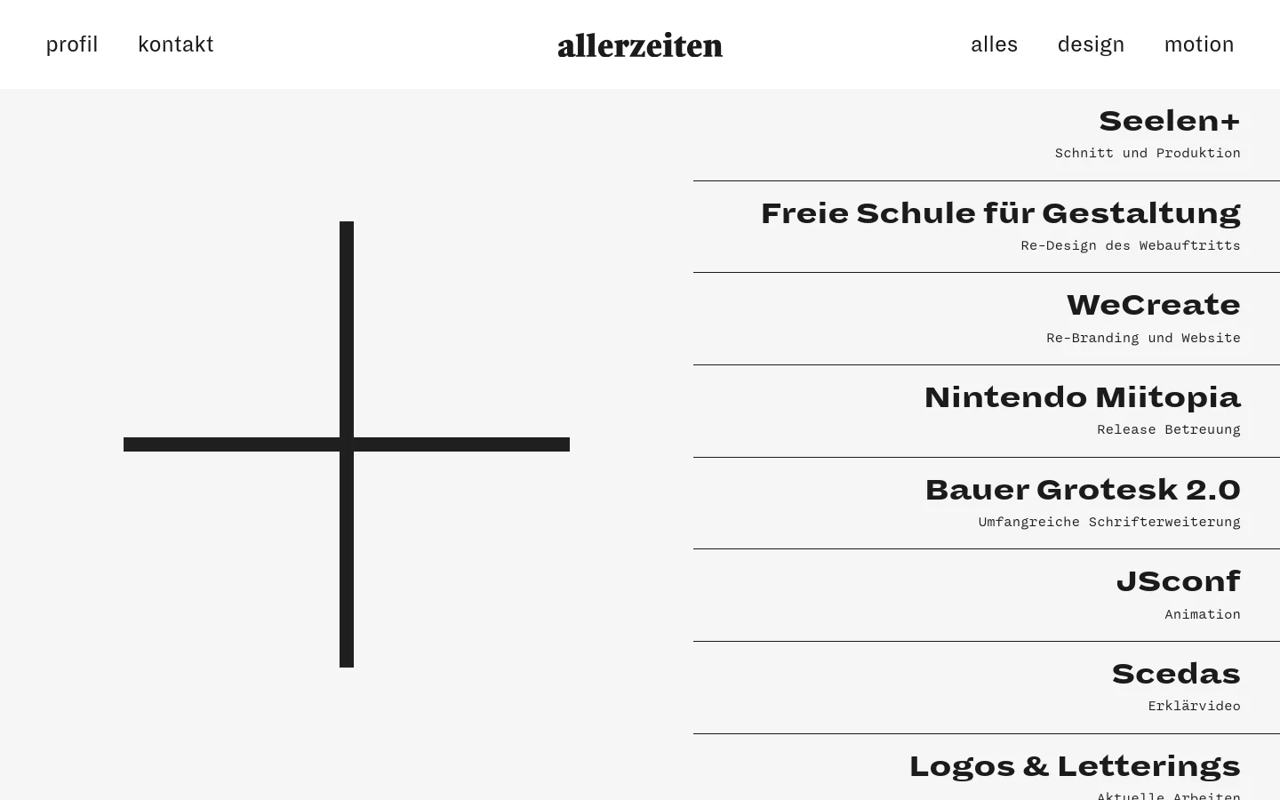 The desktop version features a minimalist white background with a black navigation bar containing 'profil', 'kontakt', the 'allerzeiten' logo, and links for 'alles', 'design', and 'motion'. A large black cross graphic sits on the left, while the right side displays a vertical list of project titles and descriptions separated by thin horizontal lines.