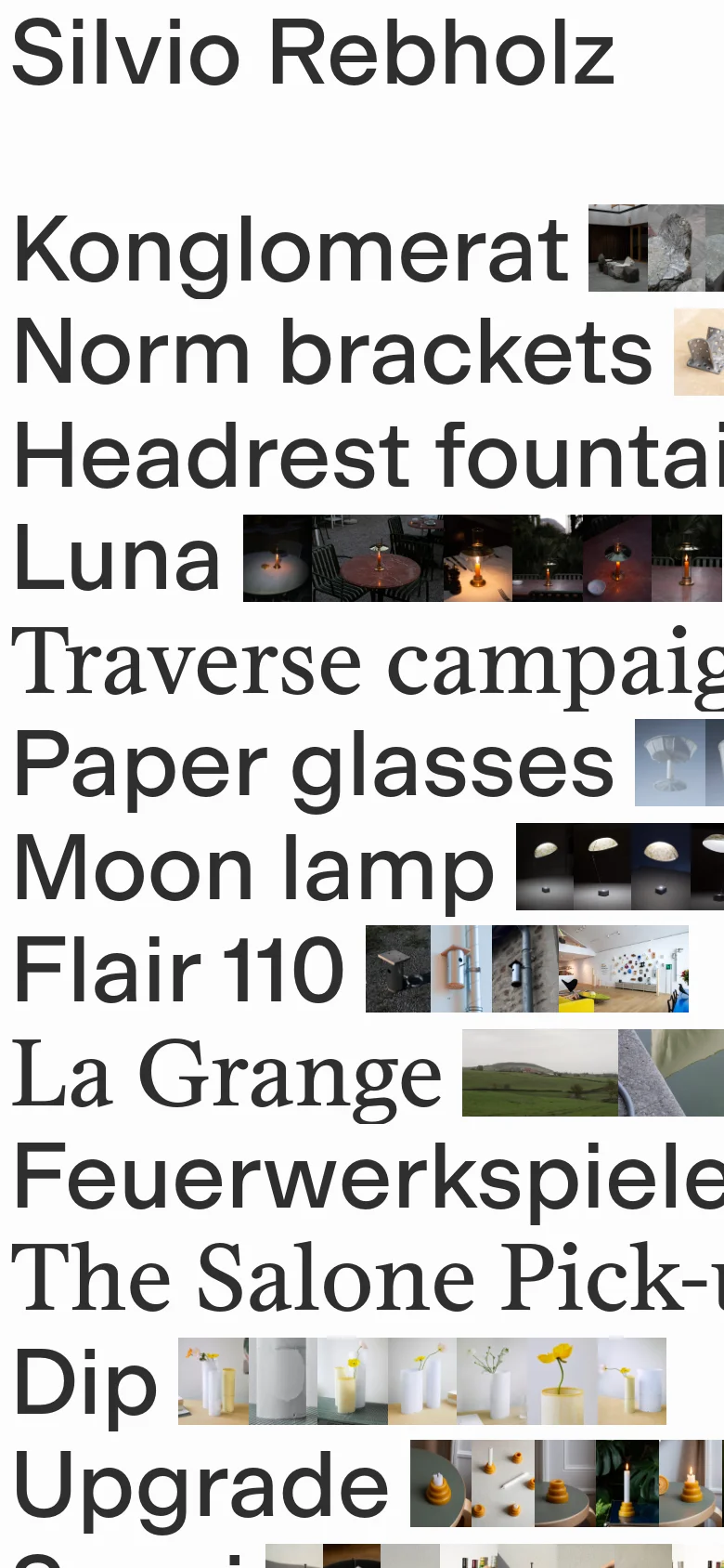 The mobile version maintains the minimalist white and black aesthetic but uses a single-column layout. Project titles and their corresponding thumbnail images are stacked vertically, with the text appearing above or beside the images in a more condensed view. The header 'Silvio Rebholz' is prominently displayed at the top.