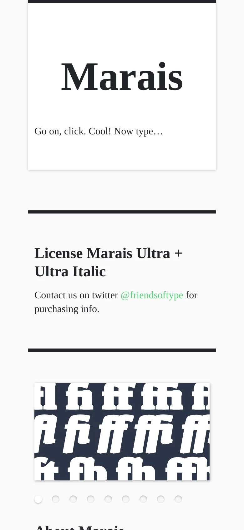 The mobile version presents a single-column vertical layout with large, centered typography. The hero image of the word 'Marais' is scaled down, and the character specimen images are stacked vertically for easier scrolling on a narrow screen.
