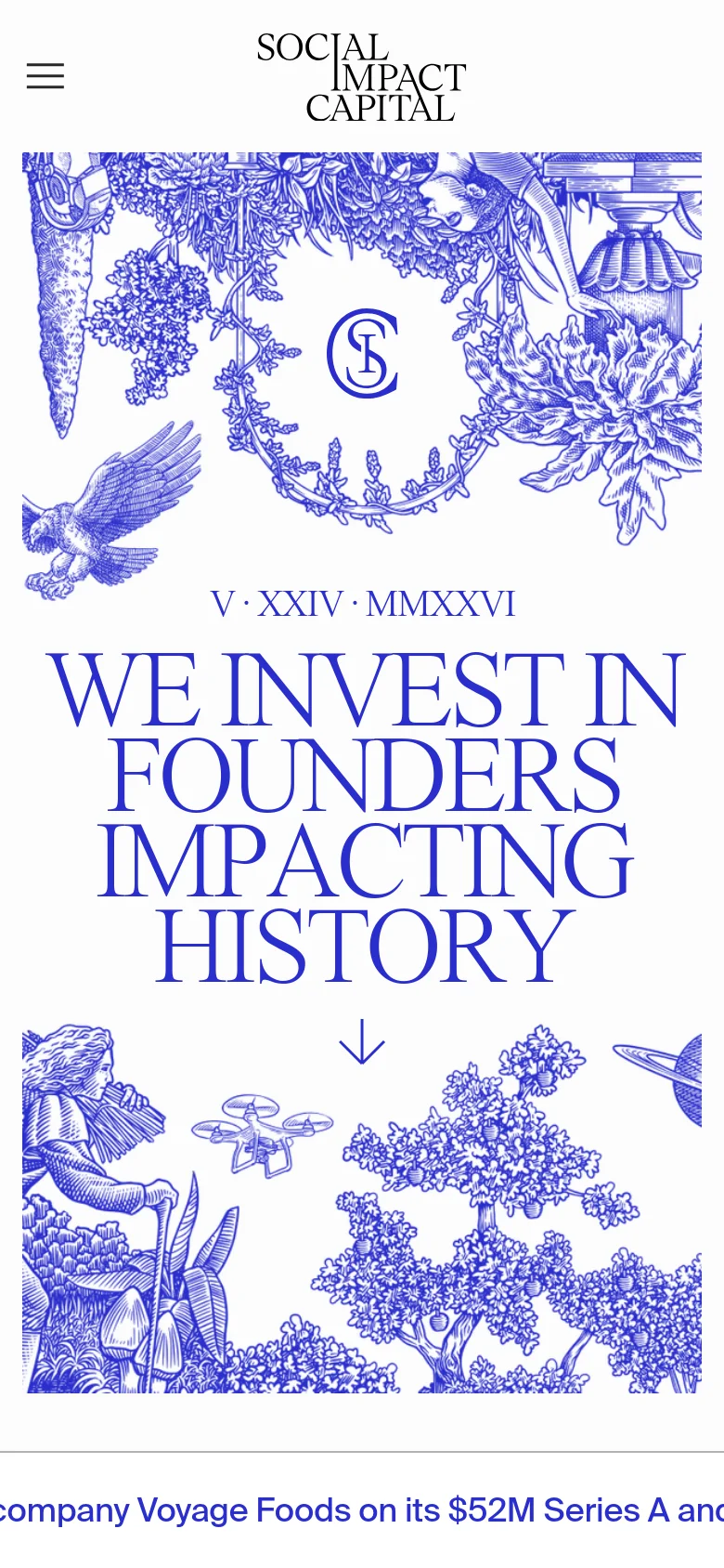 The mobile version presents a vertically stacked layout with the same blue toile illustrations and large serif typography. The navigation is condensed into a hamburger menu icon at the top left, and the hero text is centered to fit the narrower screen width.