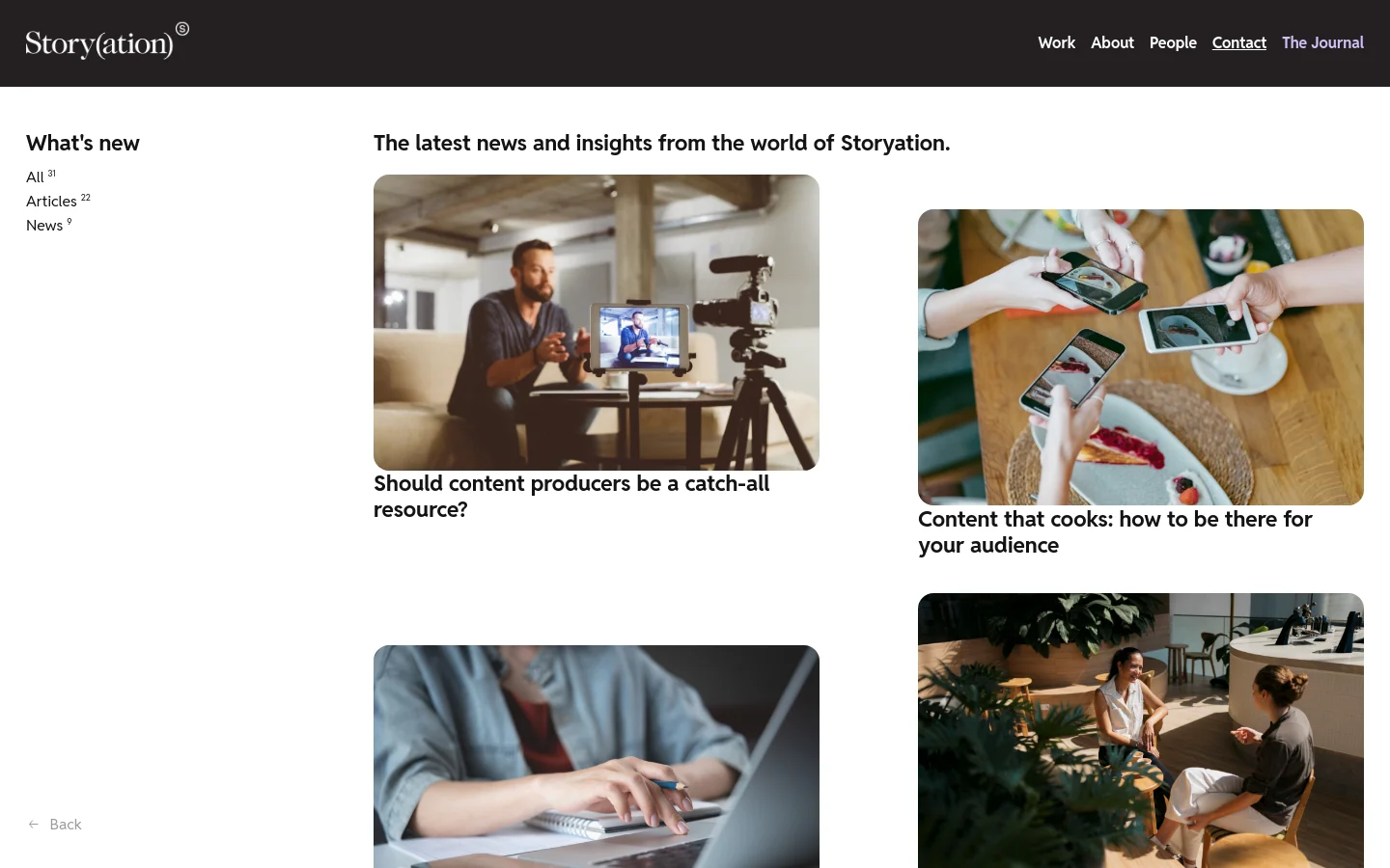 The Journal page on desktop features a clean white layout with a dark header containing the Storyation logo and navigation links. A sidebar on the left allows users to filter content by 'All', 'Articles', or 'News', while the main section displays a grid of large article cards with high-quality photography and bold headlines.