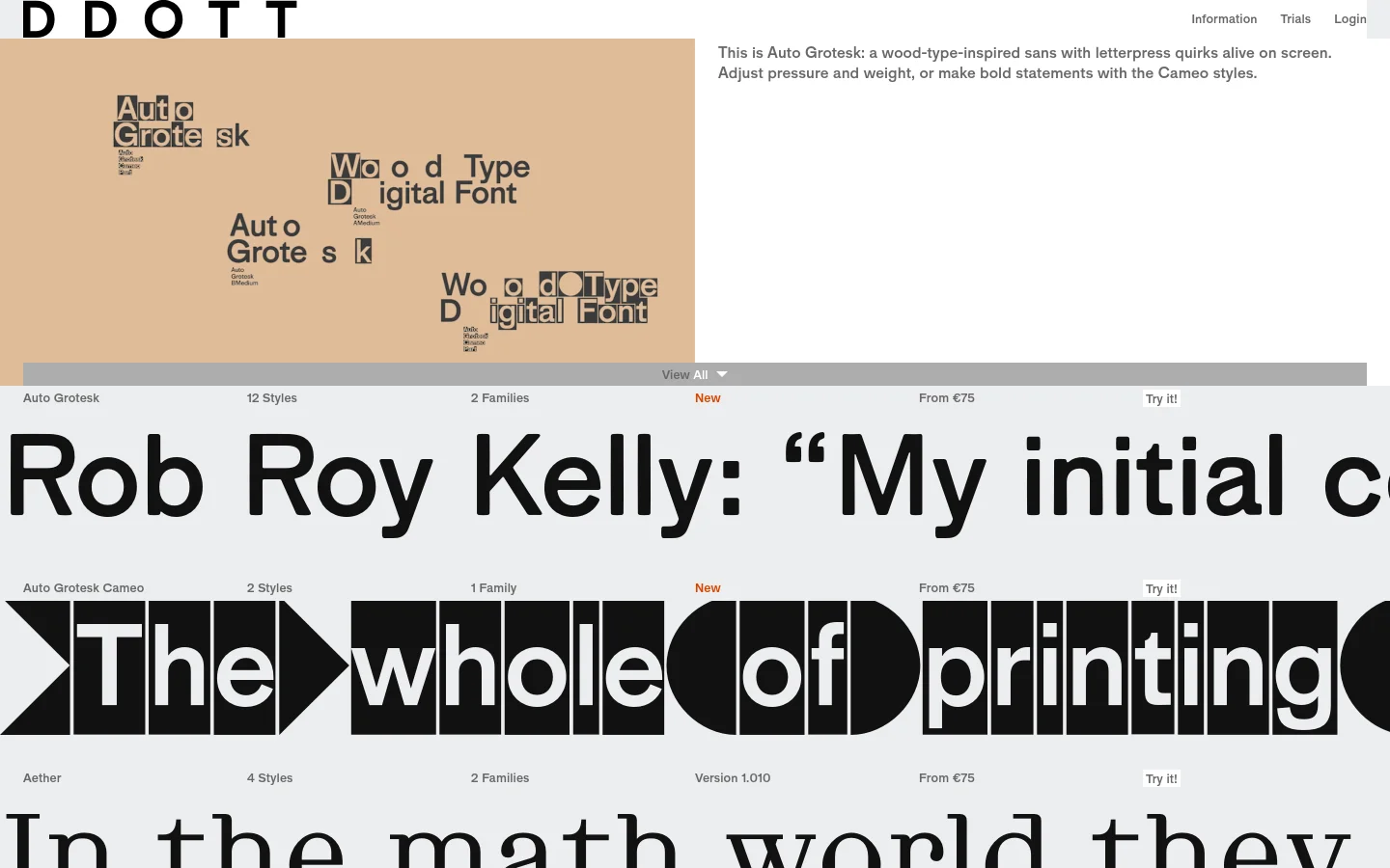 The DDOTT homepage features a minimalist design with a large hero section showcasing the 'Auto Grotesk' typeface against a tan background. The layout includes a navigation bar at the top, a large typographic display, and a section describing the font's wood-type inspiration. Below the hero, a list of font products like 'Auto Grotesk Cameo' and 'Aether' is presented with details on styles, families, and pricing.