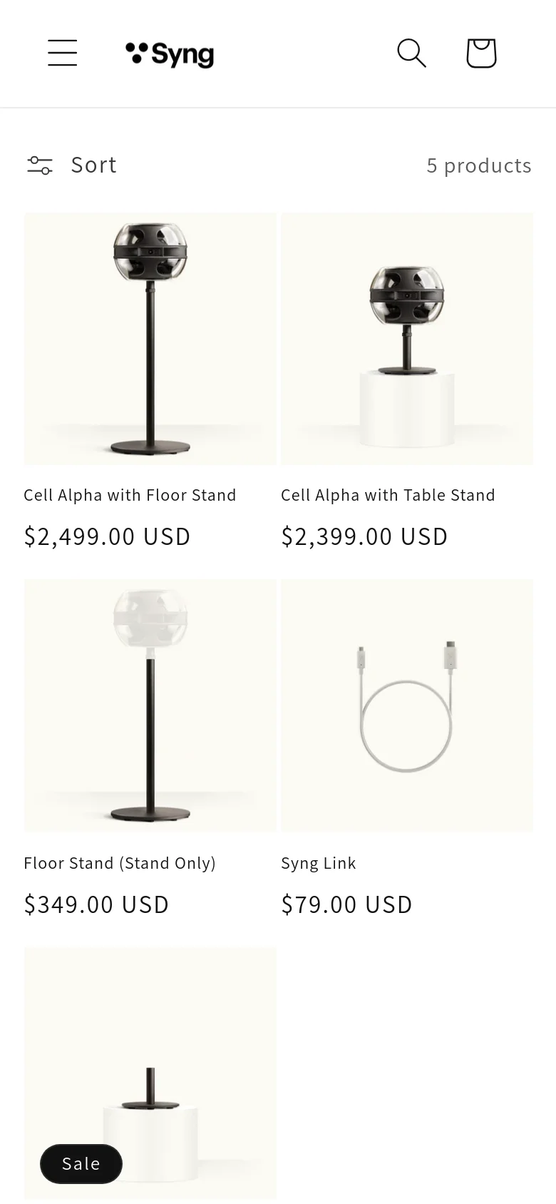 The mobile version maintains the minimalist white aesthetic but uses a single-column vertical layout for the product grid to optimize for smaller screens. The top navigation is condensed, and the 'Sort' function is prominently displayed as a horizontal bar with an icon above the product list. Product images, titles, and prices are stacked vertically for easier scrolling.