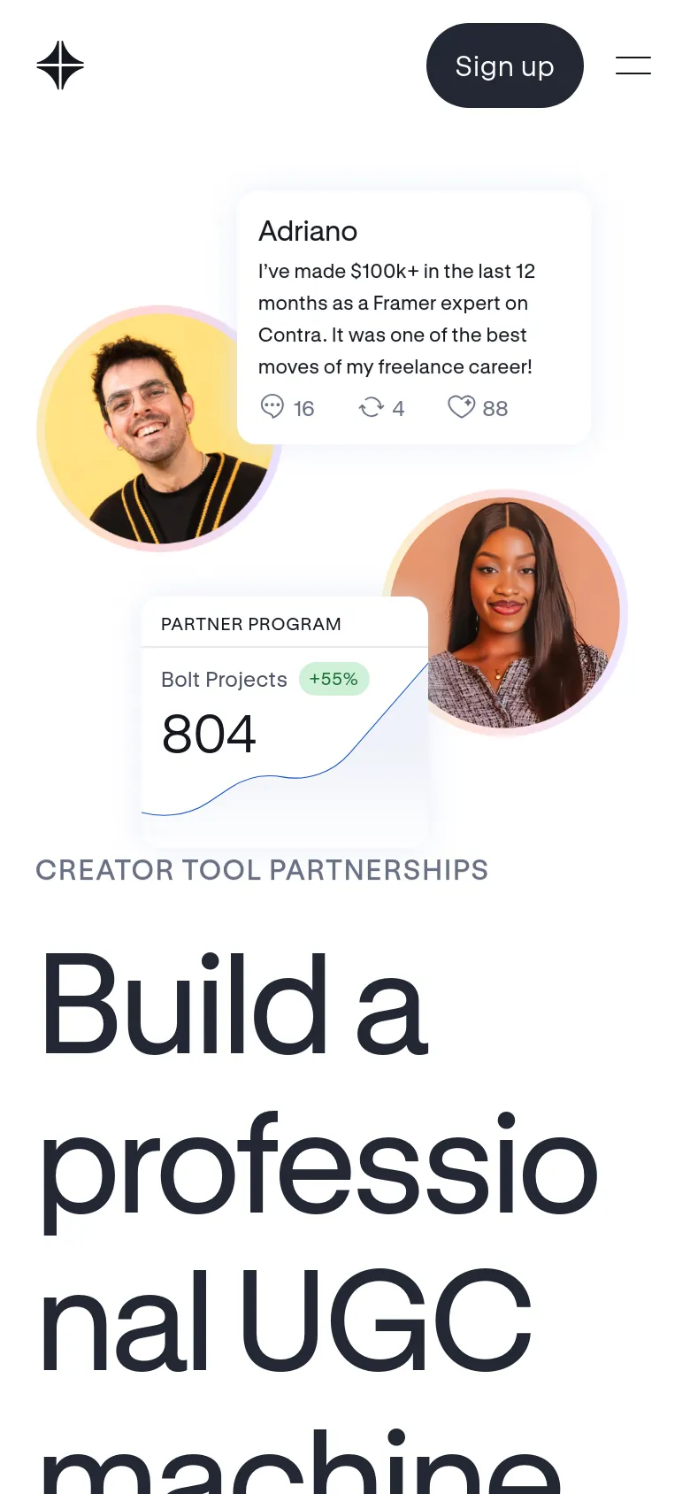 The mobile version uses a vertical stack layout optimized for small screens, with the large 'Build a professional UGC machine' headline dominating the view. The floating testimonial cards are repositioned to fit the narrow width, and the top navigation is condensed into a simplified header with a prominent 'Sign up' button and a hamburger menu icon.