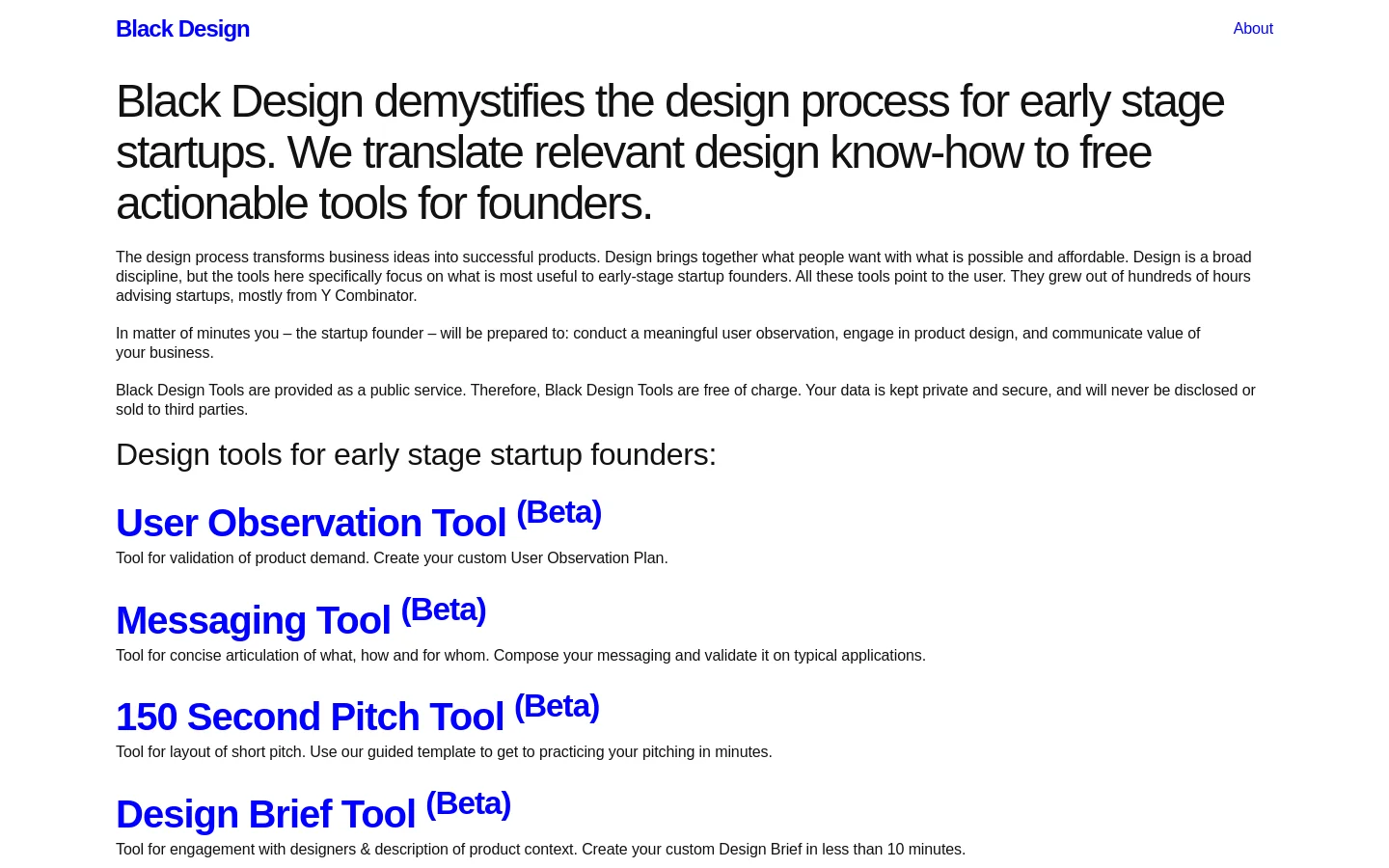 The desktop homepage features a minimalist white background with black text and blue accents. A large headline introduces Black Design's mission, followed by several paragraphs of descriptive text and a list of blue clickable links for various design tools like the User Observation Tool and Messaging Tool.