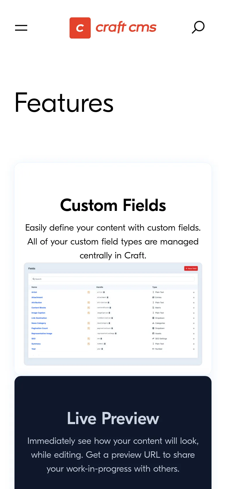 The mobile version uses a single-column layout optimized for vertical scrolling. The navigation is condensed into a hamburger menu icon, and the large 'Features' heading is centered above the content sections. Screenshots and text blocks are stacked vertically to fit the narrow screen width.