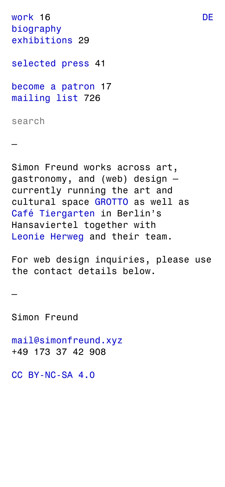 A mobile-optimized version of the minimalist site with a single-column layout. The blue text links and biographical content are stacked vertically, maintaining the clean, text-heavy aesthetic of the desktop version.