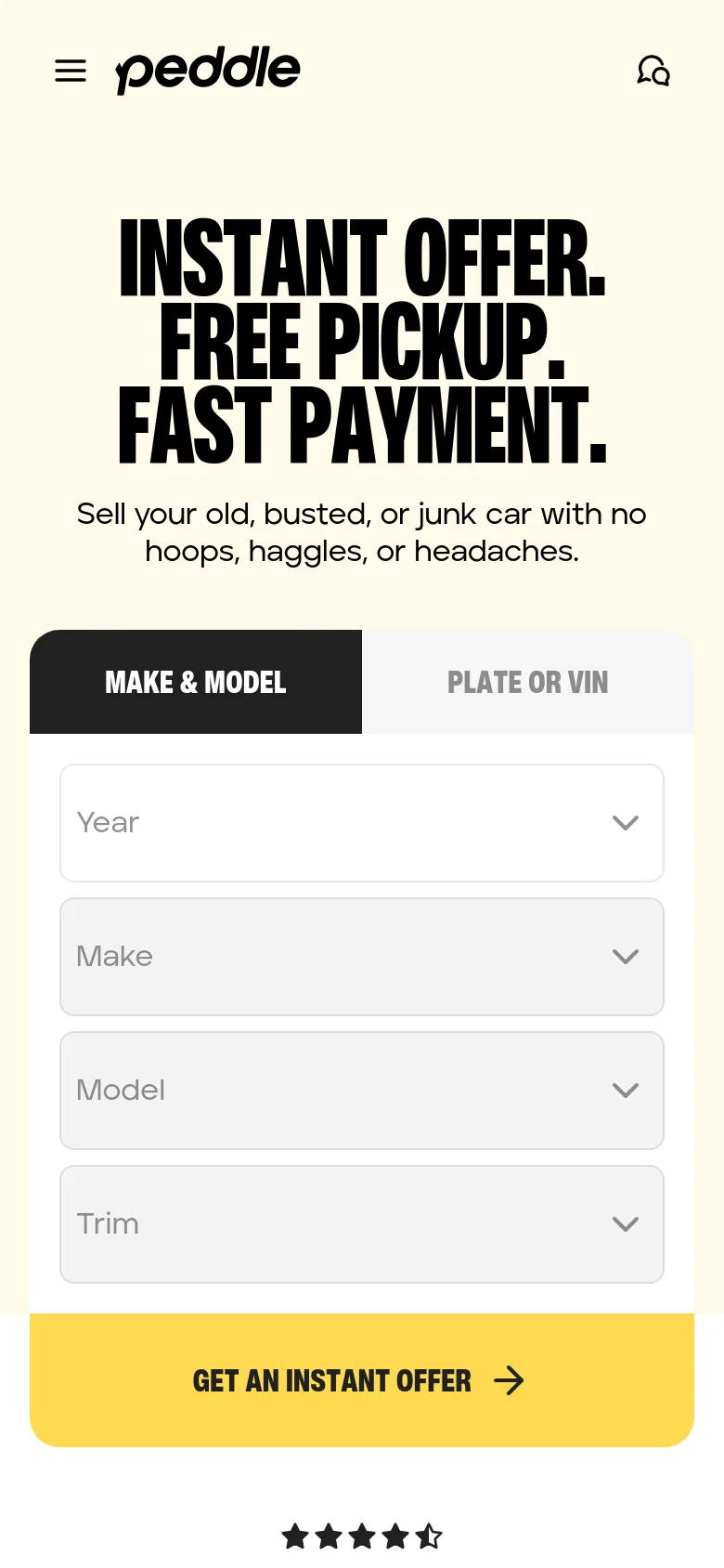The mobile version uses a single-column layout with the bold headline and subtext centered at the top. The car valuation form is stacked vertically, featuring dropdown menus for Year, Make, Model, and Trim, followed by a full-width yellow 'GET AN INSTANT OFFER' button. The navigation bar is condensed into a hamburger menu and a chat icon.