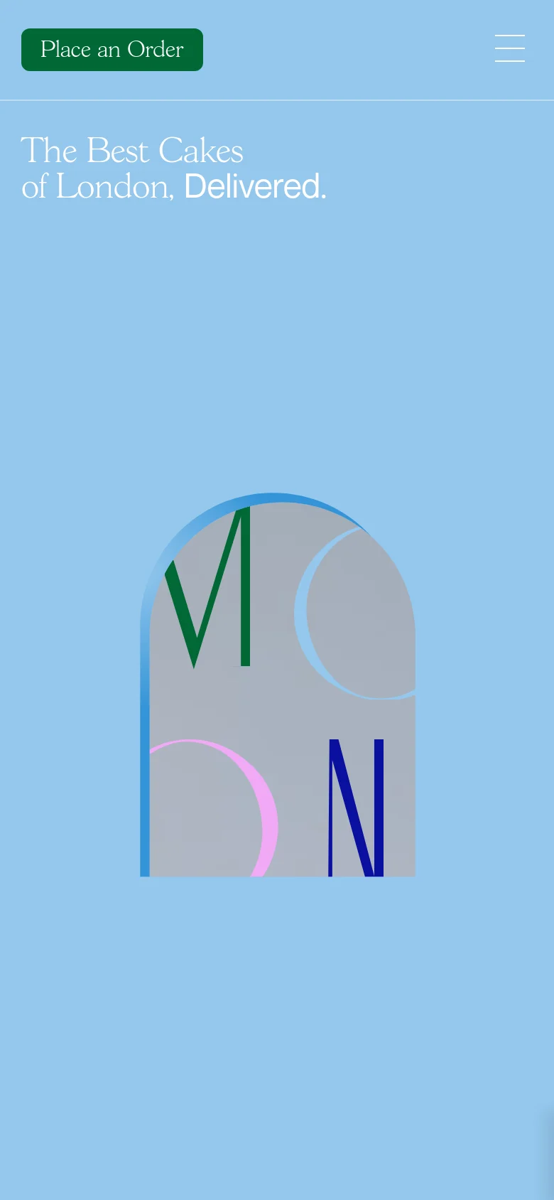 The mobile version uses a similar light blue color scheme and central arched graphic but features a simplified layout. The headline is stacked vertically, and the top navigation is condensed into a green 'Place an Order' button and a white hamburger menu icon.