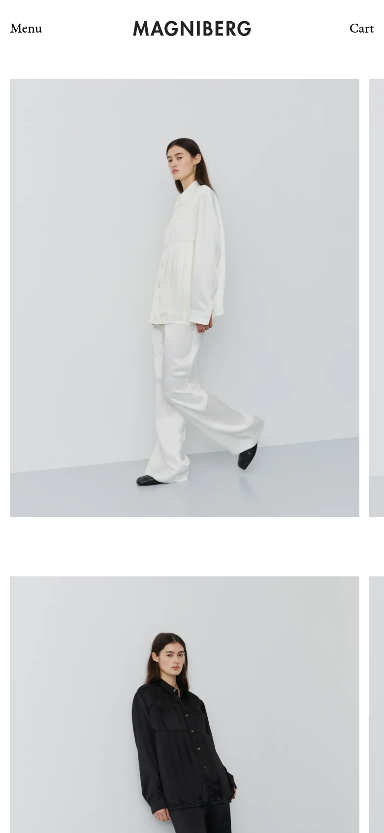 The mobile version simplifies the layout, replacing the top navigation bar with a 'Menu' button on the left and 'Cart' on the right, flanking the central 'MAGNIBERG' logo. The hero imagery shifts to a single-column vertical scroll, showing large, full-width lifestyle photos of models in loungewear.