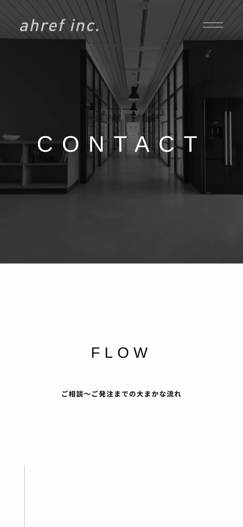 The mobile version presents a vertically stacked layout starting with a full-width grayscale office hero image and the 'CONTACT' title. The 'FLOW' section follows with centered text and a simplified vertical progression of steps. The navigation is condensed into a hamburger menu icon in the top right corner.