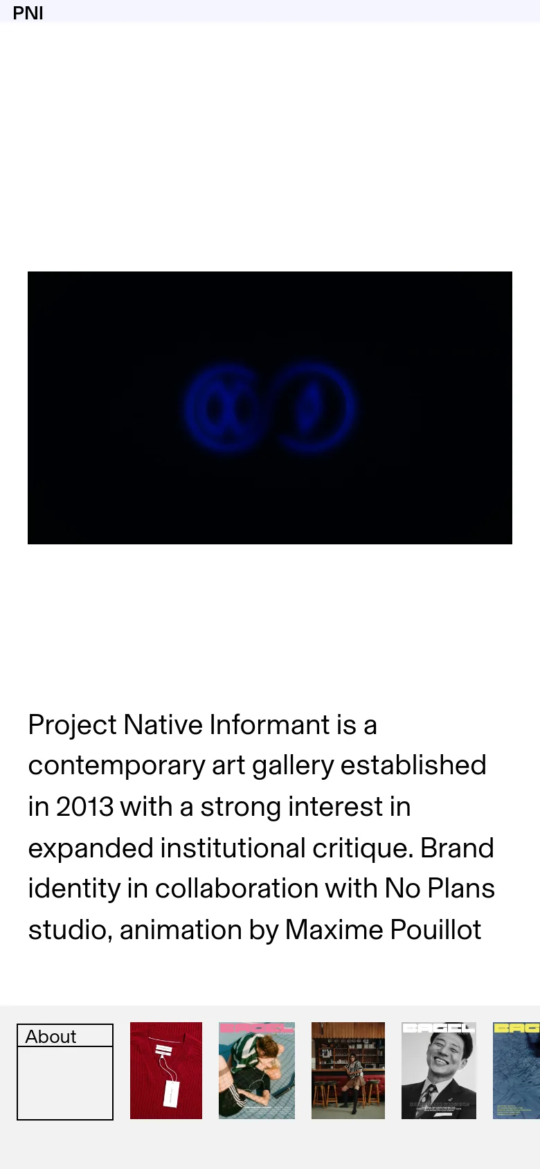 The mobile version maintains the high-contrast black and white theme but presents content in a vertical stack. The large black logo section is followed by the project description text, and the image gallery transitions into a single-column or smaller grid layout of square thumbnails.