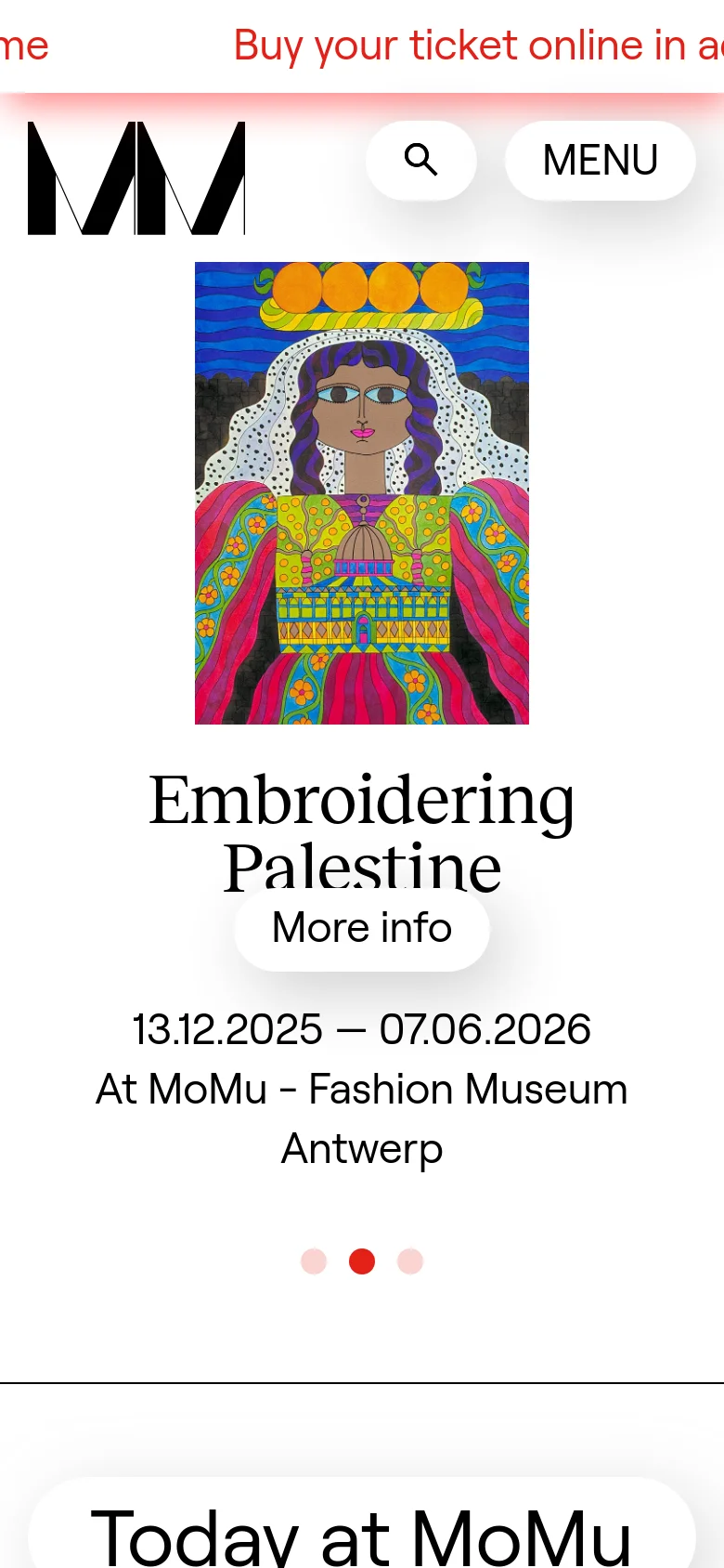 The mobile version presents a vertically stacked layout with the 'MoMu' logo at the top and a colorful portrait illustration of a woman. Below the illustration, the headline 'Embroidering Palestine' is followed by exhibition dates and a 'More info' button, with a simplified top navigation bar.