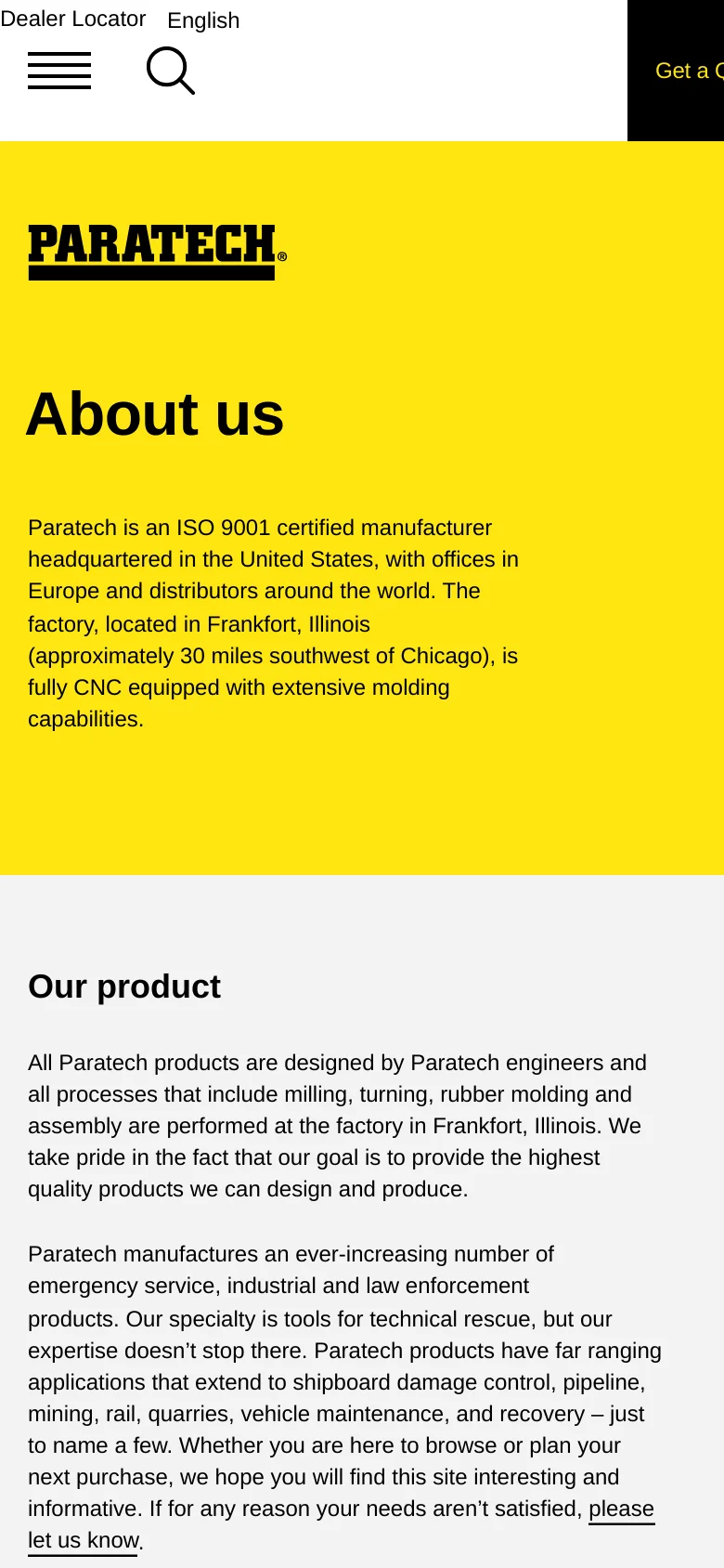 The mobile version uses a simplified layout with a large yellow header containing the logo, 'About us' headline, and company summary. Navigation is condensed into a hamburger menu and a search icon at the top, while the main content sections for 'Our product' and 'Paratech History' stack vertically in a single column on a white background.