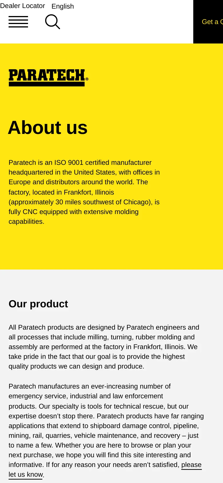 The mobile version uses a simplified layout with a large yellow header containing the logo, 'About us' headline, and company summary. Navigation is condensed into a hamburger menu and a search icon at the top, while the main content sections for 'Our product' and 'Paratech History' stack vertically in a single column on a white background.