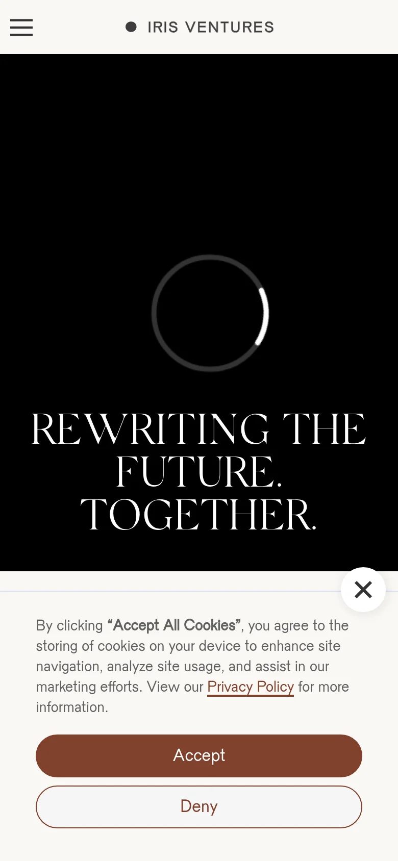 The mobile version uses a simplified layout with a hamburger menu icon in the top left and the IRIS VENTURES logo centered. The hero section prominently displays the large white headline 'REWRITING THE FUTURE. TOGETHER.' against a black background, followed by a cookie consent banner at the bottom with 'Accept' and 'Deny' buttons.