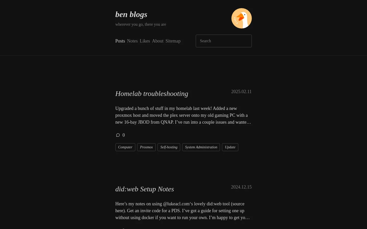 A minimalist blog homepage with a dark background and white serif text. The header features the title 'ben blogs', a tagline, a circular logo of a stylized bird, and navigation links for Posts, Notes, Likes, About, and Sitemap, alongside a search bar. Below, a chronological list of blog posts displays titles, dates, short excerpts, and category tags.