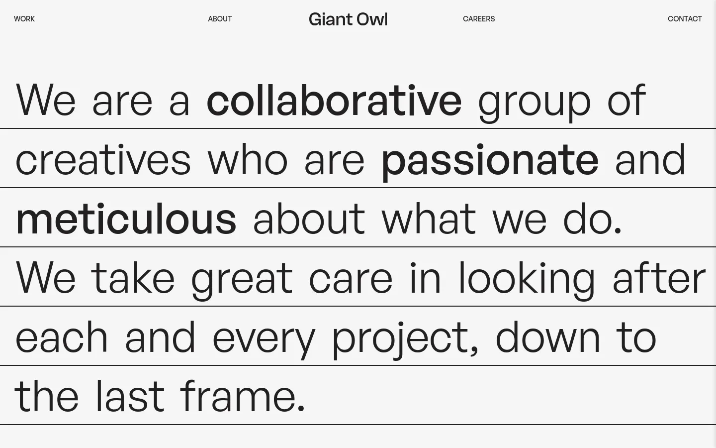 The desktop About page features a minimalist white background with large, black sans-serif typography spread across several horizontal lines. The headline emphasizes 'collaborative', 'passionate', and 'meticulous' in bold, and a simple navigation menu sits at the top with links for Work, About, Careers, and Contact.