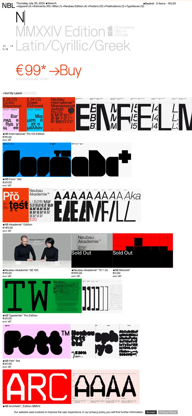 The mobile version maintains the minimalist aesthetic but uses a single-column vertical layout. The large hero text and red 'Buy' button are scaled for a narrow screen, followed by a vertical list of product tiles that include large graphic thumbnails, product names, and prices.