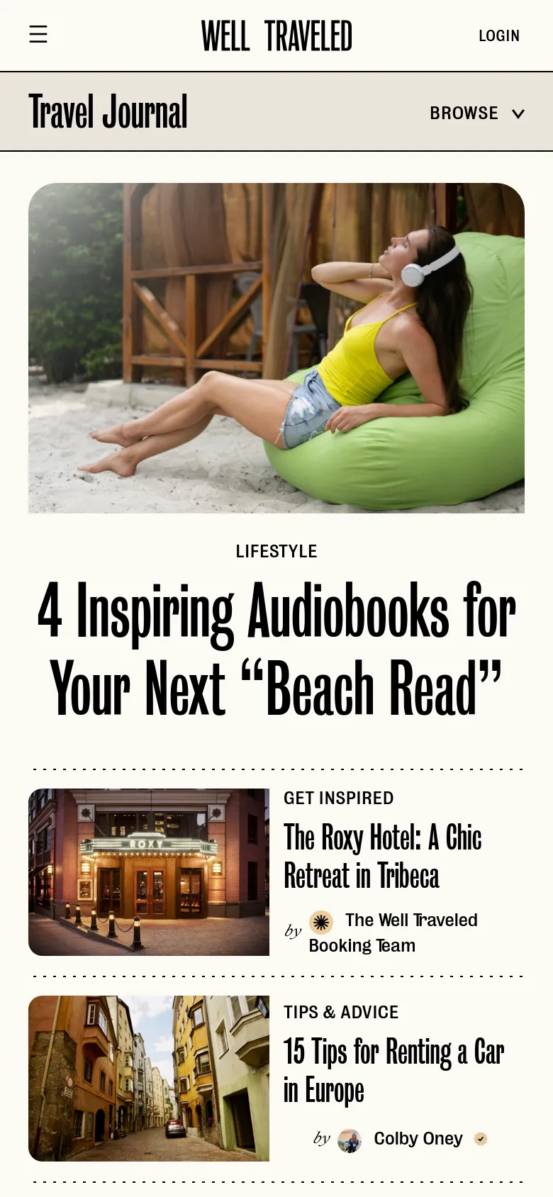 The mobile version stacks the content vertically, starting with a full-width image of the woman on the beanbag followed by the headline '4 Inspiring Audiobooks for Your Next "Beach Read"'. Below this, the articles 'The Roxy Hotel' and '15 Tips for Renting a Car in Europe' are listed in a single column. The navigation is condensed into a hamburger menu and a 'BROWSE' dropdown at the top.