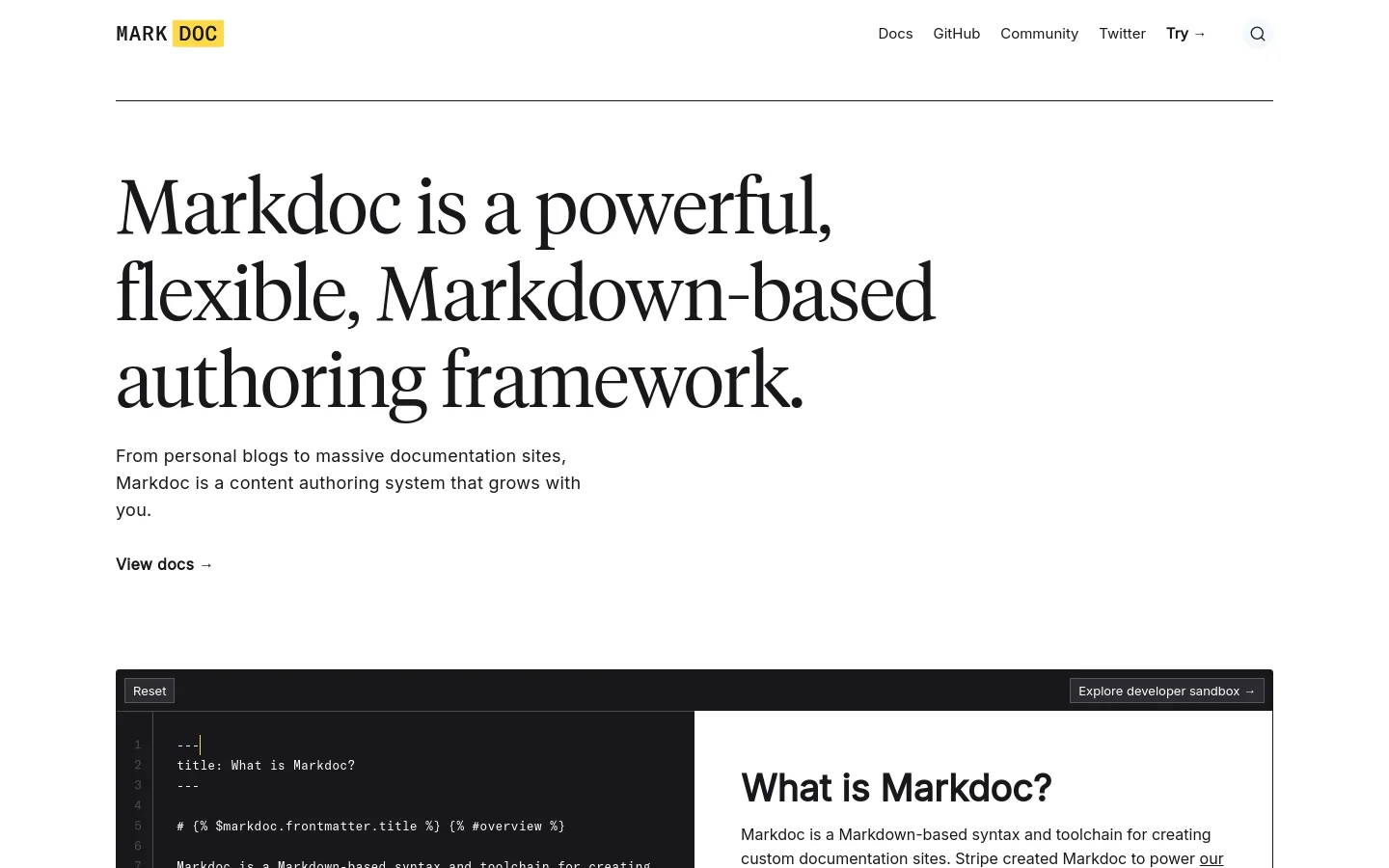 The desktop homepage features a clean, minimalist design with a white background and large, black serif typography. The hero section contains a prominent headline, a subheadline, and a 'View docs' call to action, positioned above a split-screen interactive code sandbox. A navigation bar at the top includes links to Docs, GitHub, Community, Twitter, and a 'Try' menu.