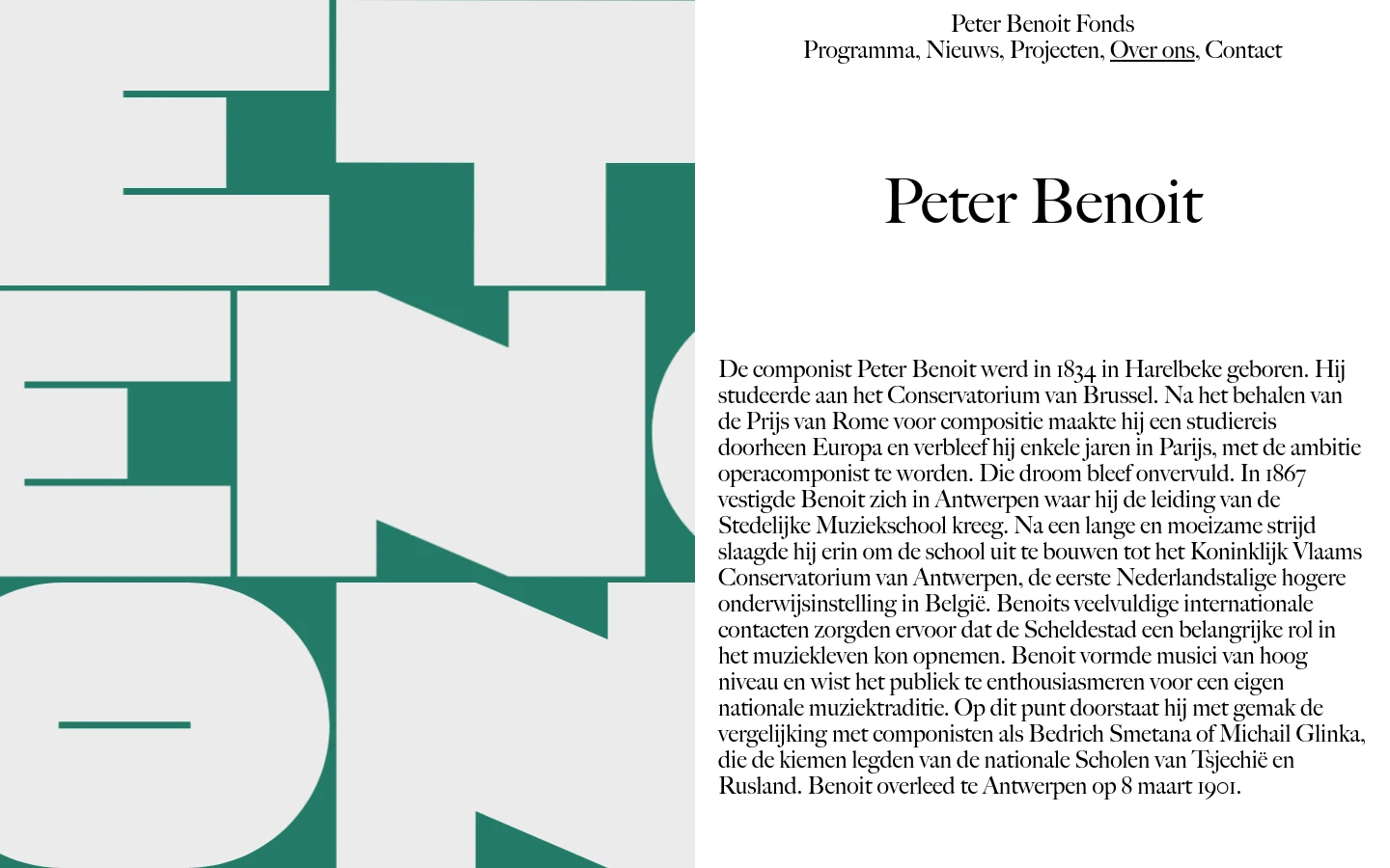 The desktop page features a split layout with a large, stylized graphic of the letters 'PBN' in dark teal on a light grey background on the left. On the right, a clean white section contains the site header, the main headline 'Peter Benoit', and several paragraphs of biographical text in a serif font.
