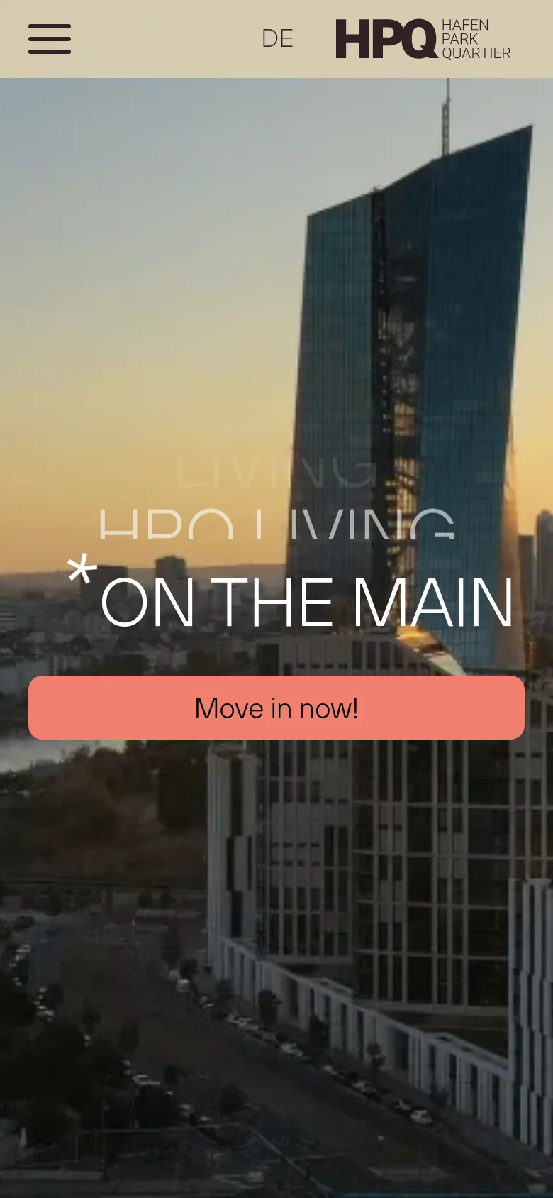 Mobile version of the homepage showing a vertically oriented hero image of the Frankfurt skyline at dusk. The text 'HPQ LIVING * ON THE MAIN' and the 'Move in now!' call-to-action button are centered and scaled for a smaller screen. A hamburger menu icon replaces the desktop navigation bar at the top left.