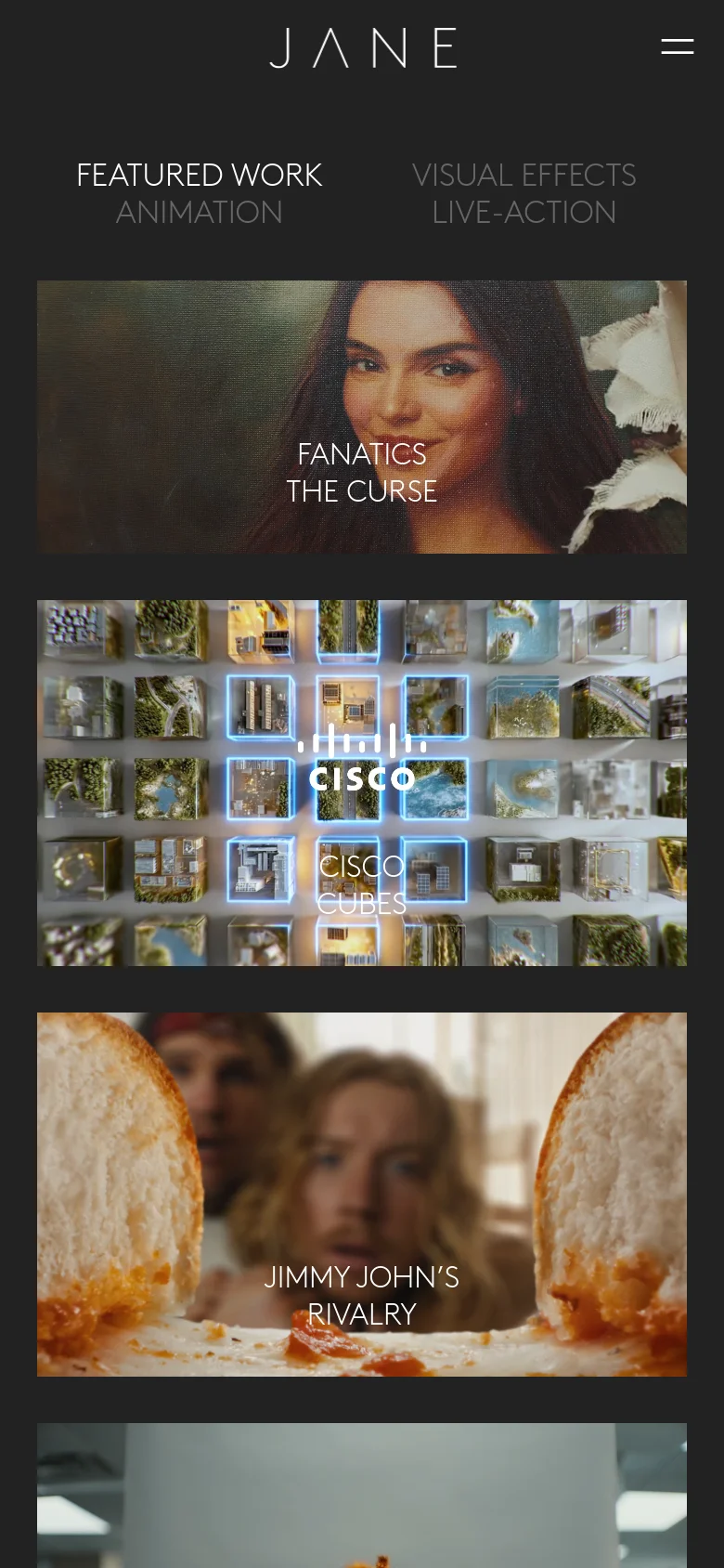 The mobile version presents a simplified vertical stack of large, full-width cinematic video thumbnails. The top of the page features the JANE logo and a hamburger menu icon, with navigation categories like 'Featured Work' and 'Visual Effects' listed in a clean, centered text format above the media grid.