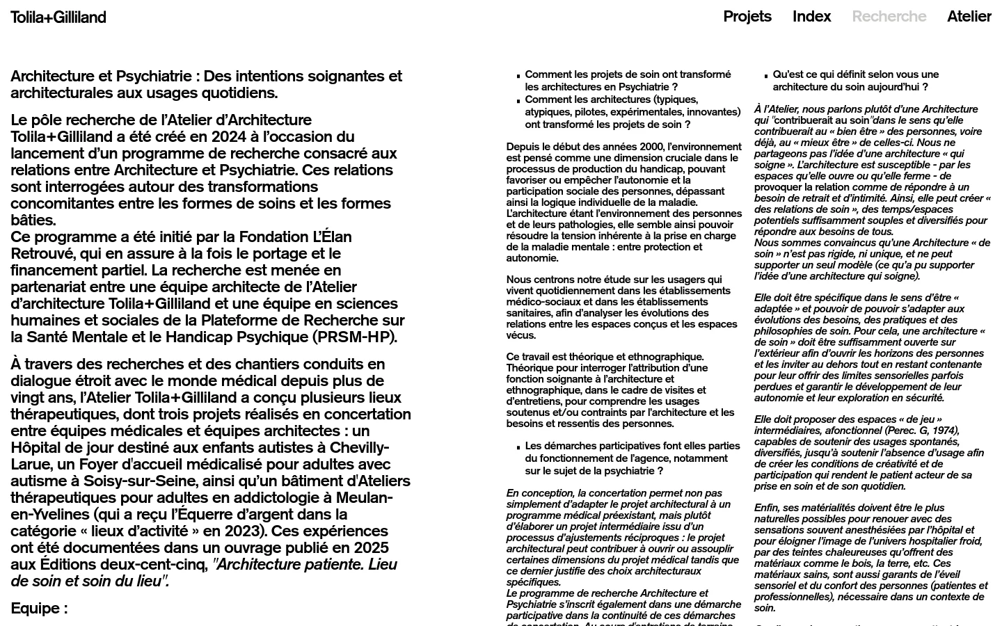 The desktop page features a clean, minimalist layout with black text on a white background. A large headline introduces the research program on Architecture and Psychiatry, followed by several paragraphs of detailed text and a list of team members. The navigation menu is positioned at the top right with links for Projets, Index, Recherche, and Atelier.