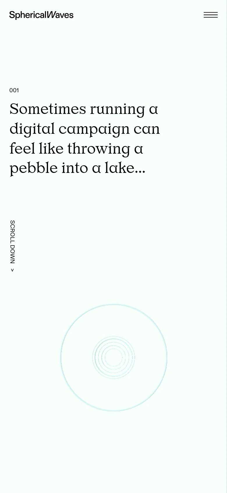 The mobile version maintains the minimalist aesthetic but optimizes the layout for a narrow screen. The 'SphericalWaves' logo and hamburger menu icon are positioned at the top, while the large serif headline and light blue ripple graphic are centered vertically to create a focused, single-column storytelling experience.