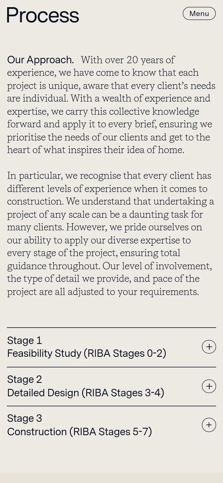 The mobile version maintains the minimalist beige aesthetic but shifts to a single-column layout. The 'Process' headline and 'Menu' button are stacked at the top, and the text content and accordion stages are arranged vertically for easier scrolling.