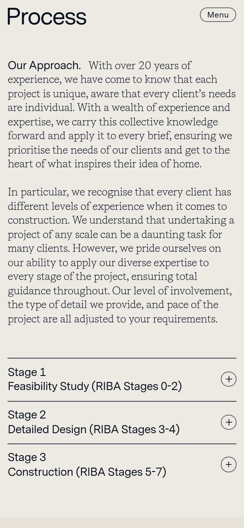 The mobile version maintains the minimalist beige aesthetic but shifts to a single-column layout. The 'Process' headline and 'Menu' button are stacked at the top, and the text content and accordion stages are arranged vertically for easier scrolling.