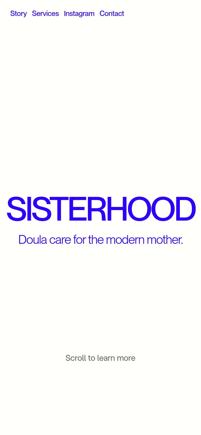 The mobile version maintains the minimalist white aesthetic and large blue typography for the 'SISTERHOOD' headline and subheadline. The top navigation menu is condensed into a single row of blue text links, and the layout is vertically stacked to fit a narrow screen.