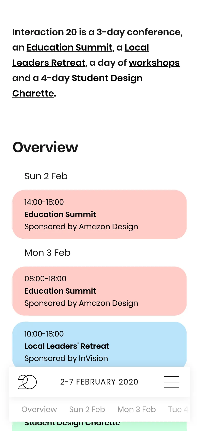 The mobile version presents a simplified vertical layout with a condensed navigation bar and a hamburger menu icon. The event schedule is stacked vertically, showing large, colorful cards for each day's events, such as the Education Summit and Local Leaders' Retreat, making the content easy to scroll through on a small screen.