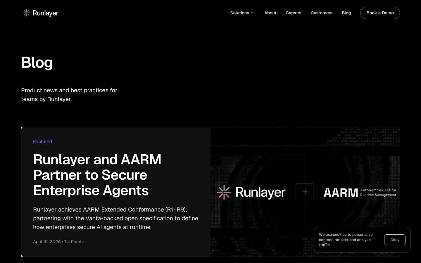Runlayer blog page featuring a dark mode enterprise AI design. A large featured post section displays the headline Runlayer and AARM Partner to Secure Enterprise Agents alongside a dark technical graphic, followed by a grid of recent articles with high-contrast white typography on a black background.