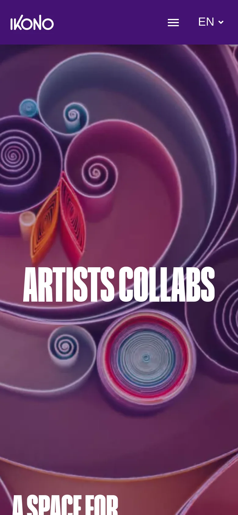 The mobile version shows a vertically oriented hero section with the same colorful swirling paper art and 'ARTISTS COLLABS' headline. The navigation bar is simplified, featuring the IKONO logo, a hamburger menu icon, and a language selector against a solid purple background.