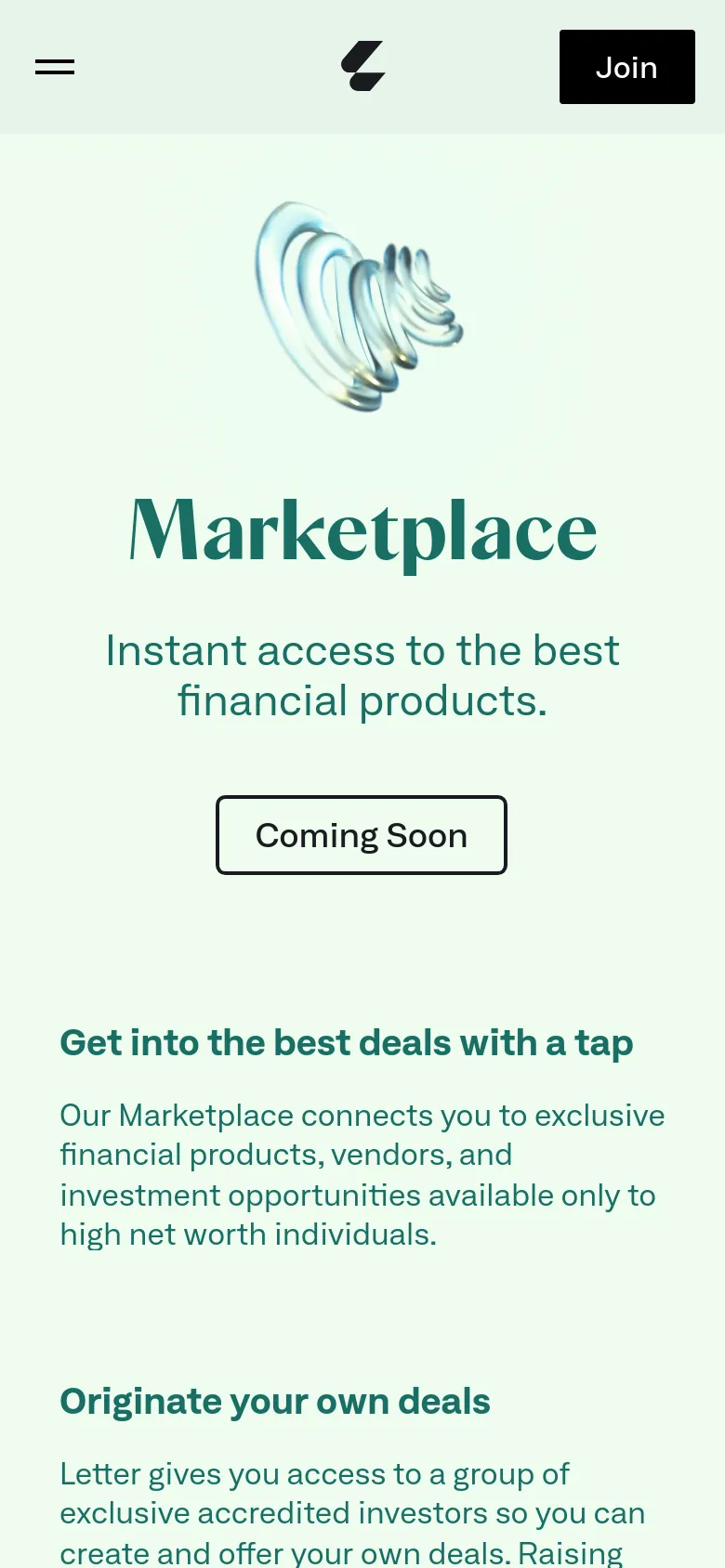 The mobile version presents a vertically stacked layout on a light mint green background. The iridescent 3D swirl is centered above the 'Marketplace' headline and 'Coming Soon' button, which occupies the full width of the screen. A hamburger menu icon and a black 'Join' button are located in the top header, replacing the horizontal desktop navigation bar.