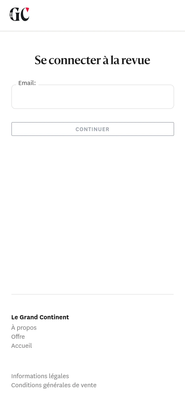 The mobile version presents a simplified, vertically stacked layout with the 'Le GC' logo at the top. The login section features a large 'Se connecter à la revue' heading, a full-width email input field, and a prominent 'CONTINUER' button. The footer is condensed, showing only essential text links without the social media icons.